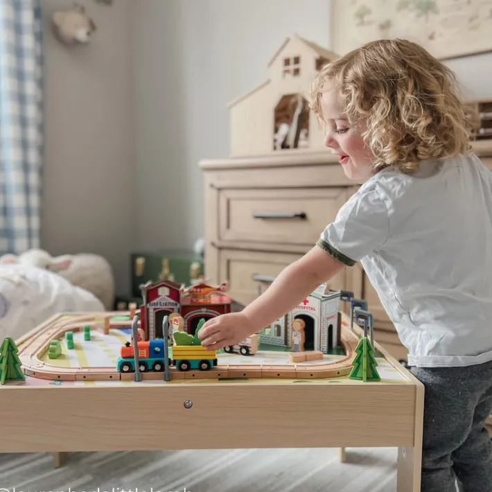 Kids Teamson Kids Preschool Play Lab Toys Table with 85-pc Train and Town Set, Natural