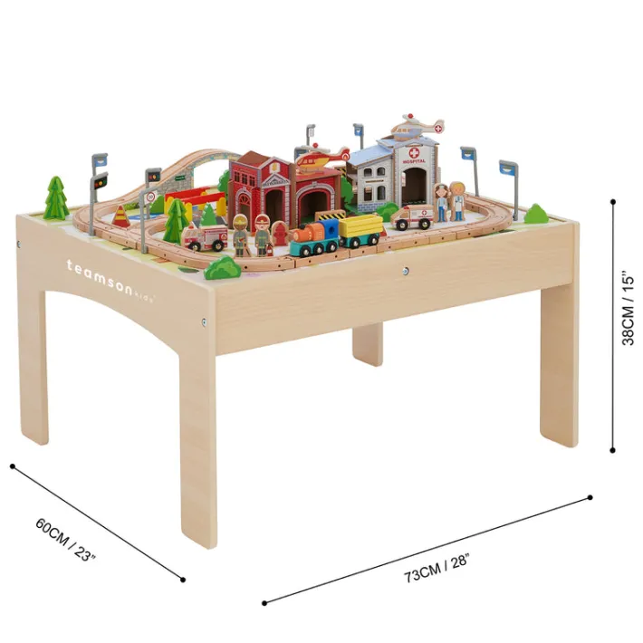 Kids Teamson Kids Preschool Play Lab Toys Table with 85-pc Train and Town Set, Natural