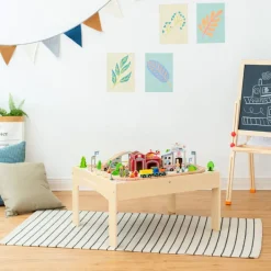 Kids Teamson Kids Preschool Play Lab Toys Table with 85-pc Train and Town Set, Natural
