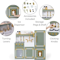 Kids Teamson Kids Versailles Deluxe Play Kitchen Plus Refrigerator and 15 Accessories, Olive Green