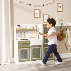 Kids Teamson Kids Versailles Deluxe Play Kitchen Plus Refrigerator and 15 Accessories, Olive Green