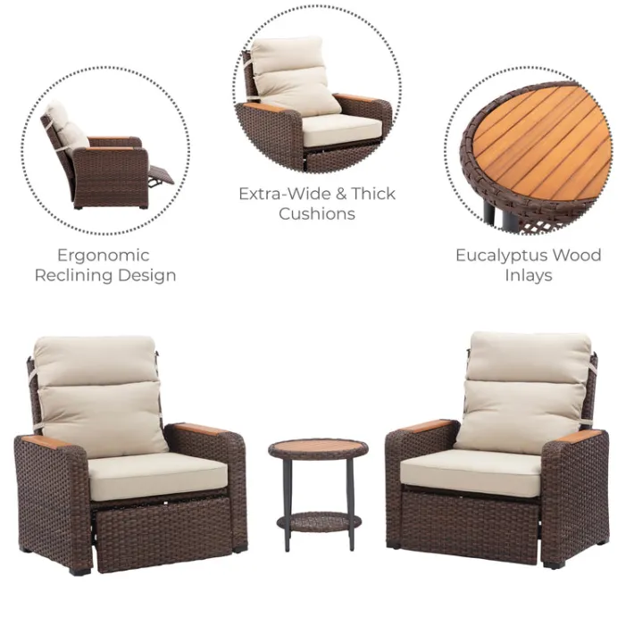 Teamson Wicker Frame & Wood Armrests Recliner Set in Warm Brown Outdoor Seating
