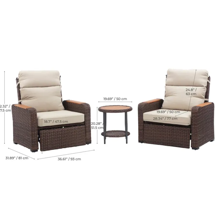 Teamson Wicker Frame & Wood Armrests Recliner Set in Warm Brown Outdoor Seating