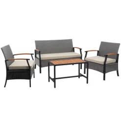 Teamson Wooden Armrests Outdoor Patio Furniture Conversation Set with Rattan Wicker Look