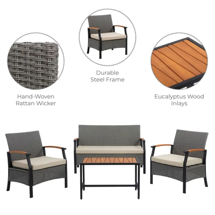 Teamson Wooden Armrests Outdoor Patio Furniture Conversation Set with Rattan Wicker Look