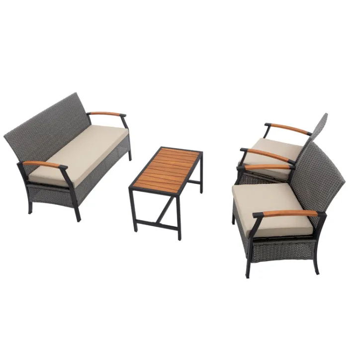 Teamson Wooden Armrests Outdoor Patio Furniture Conversation Set with Rattan Wicker Look