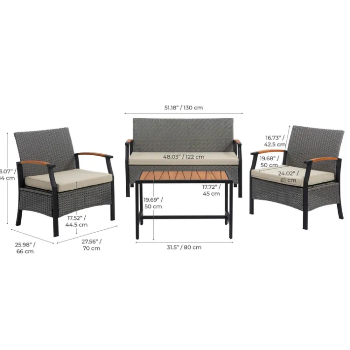 Teamson Wooden Armrests Outdoor Patio Furniture Conversation Set with Rattan Wicker Look