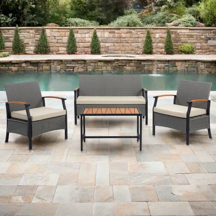 Teamson Wooden Armrests Outdoor Patio Furniture Conversation Set with Rattan Wicker Look